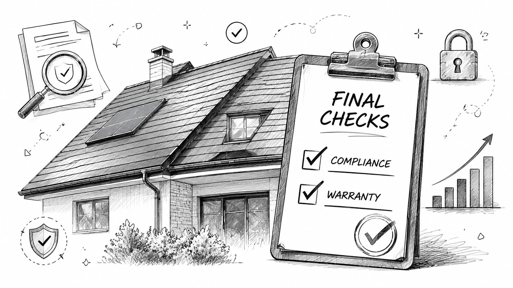 A hand-drawn sketch of a house with a clipboard labeled Final Checks representing compliance and warranty documentation.