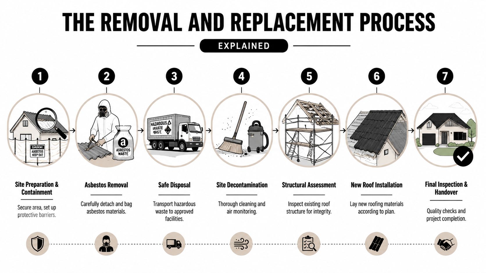 A step-by-step infographic illustrating the professional process of asbestos roof removal and replacement for residential buildings.