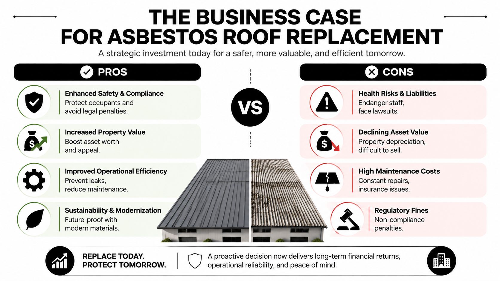 An infographic comparing the pros and cons of replacing an old asbestos roof on a business building.
