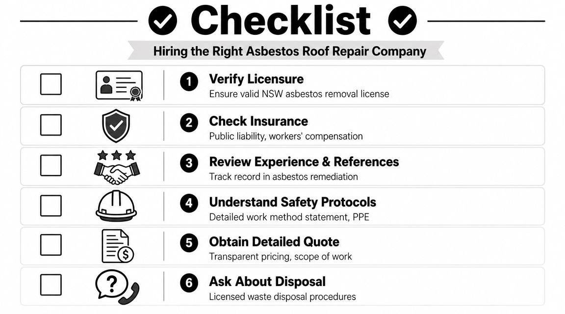 A checklist guide for hiring a professional asbestos roof repair company, outlining six essential steps.