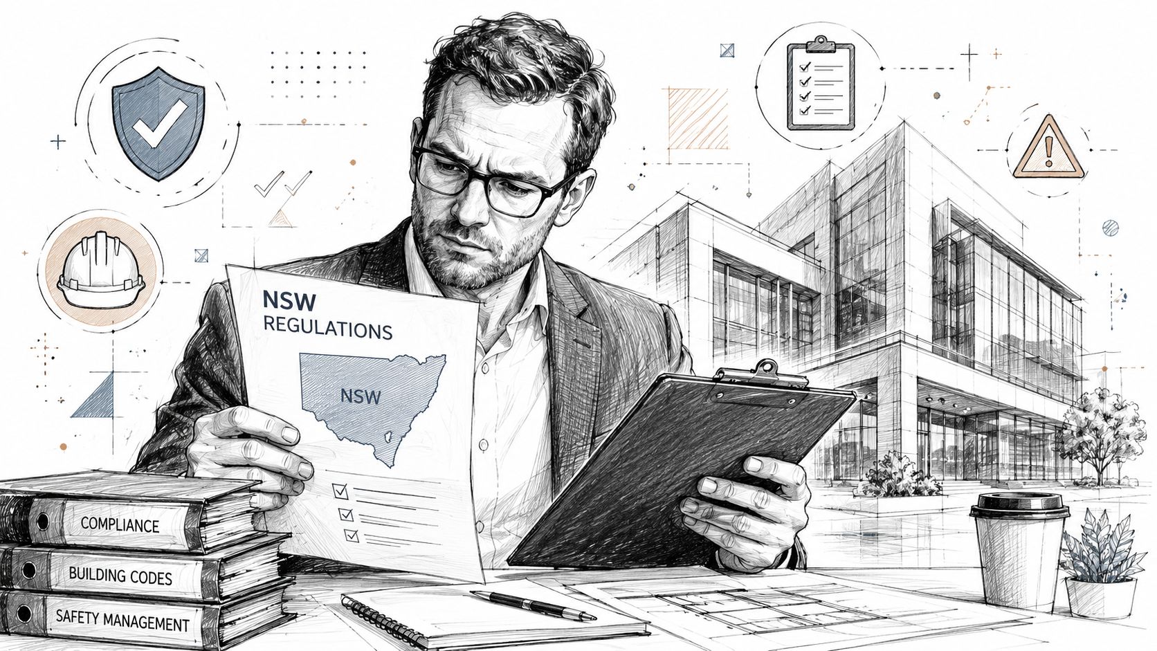 An architect reviewing New South Wales regulations for an asbestos roof repair project at a construction site.