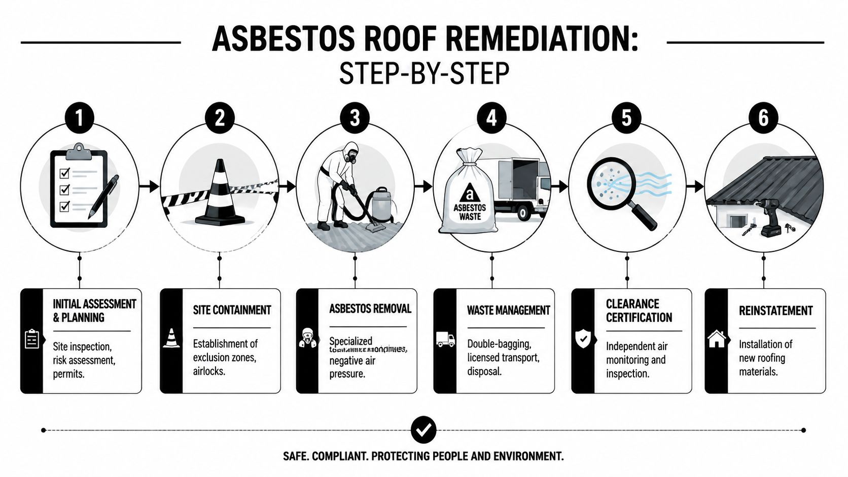 A six-step infographic illustrating the professional process for safe asbestos roof removal and remediation.