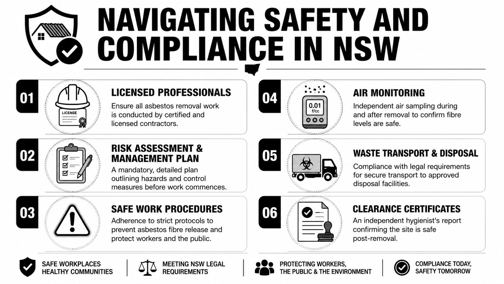 A safety infographic detailing six steps for legal and compliant asbestos removal in New South Wales Australia.