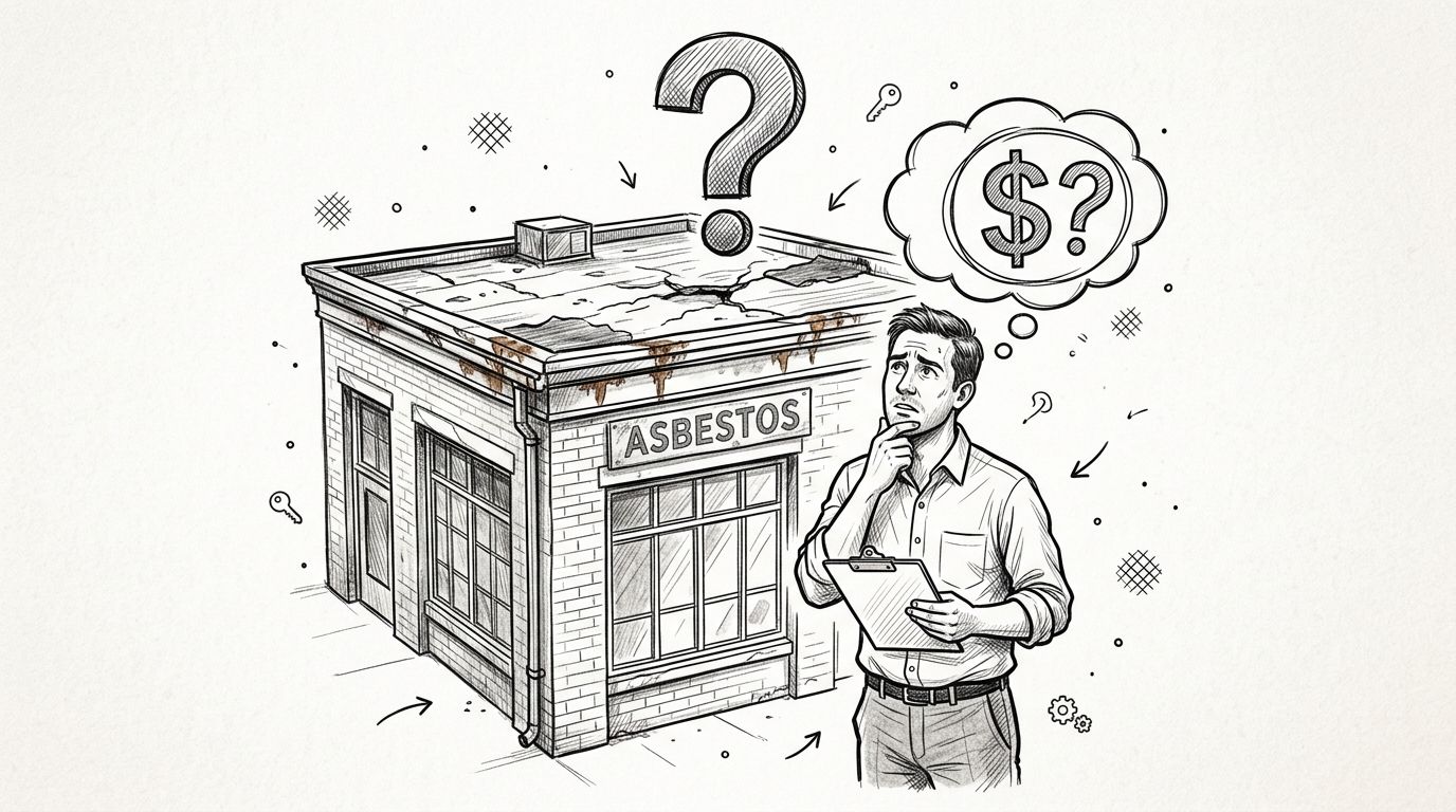 A concerned person holding a clipboard stands in front of a brick building labeled Asbestos.