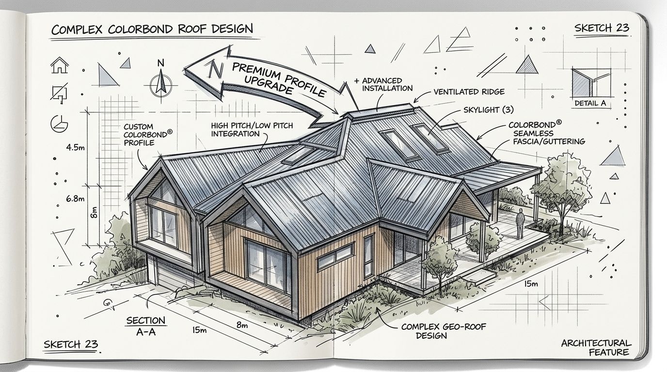 An architectural sketch of a complex modern house design featuring a detailed Colorbond roof and gutters.