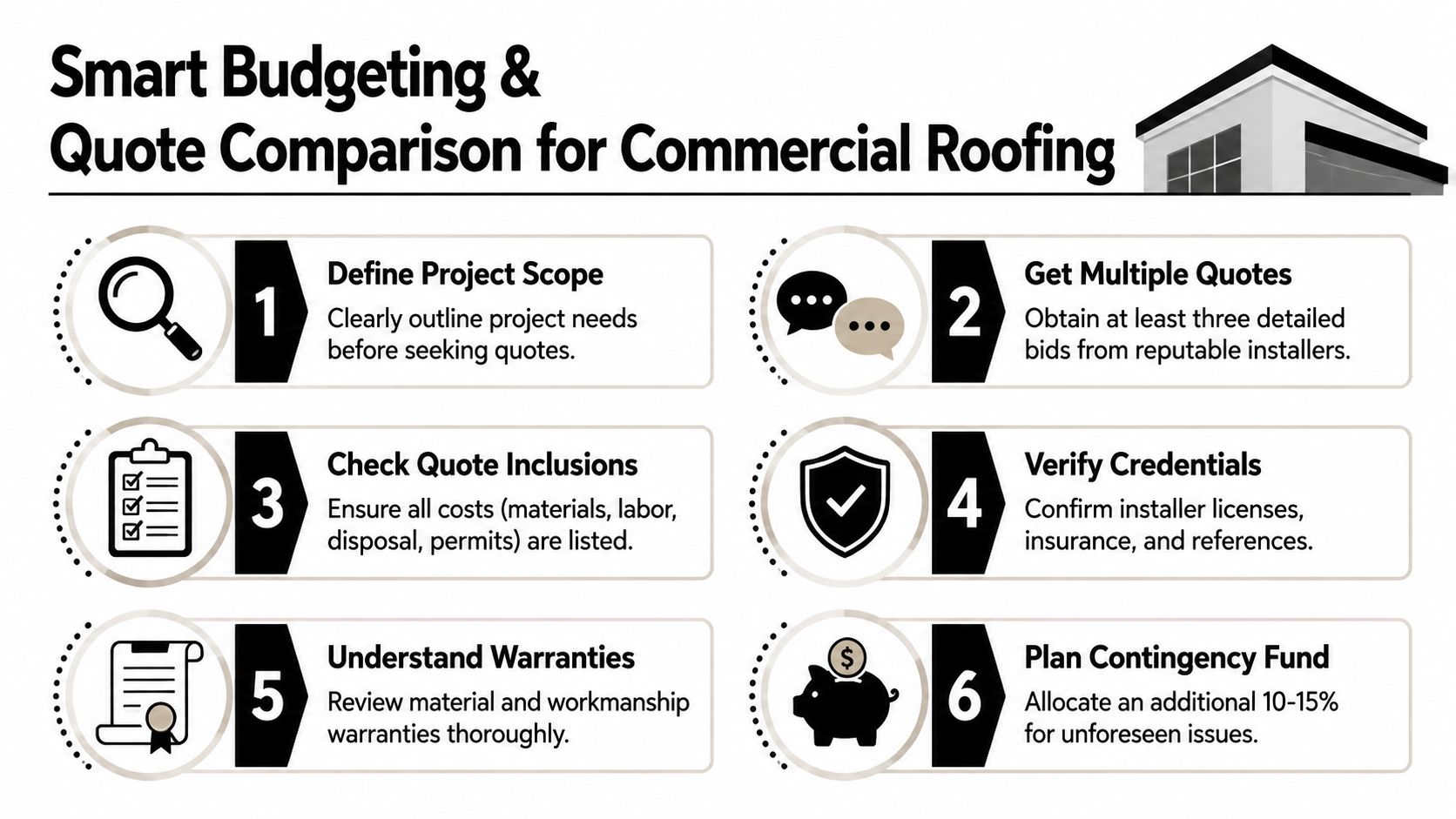 A six-step infographic guide on smart budgeting and comparing commercial roofing quotes for facility owners.