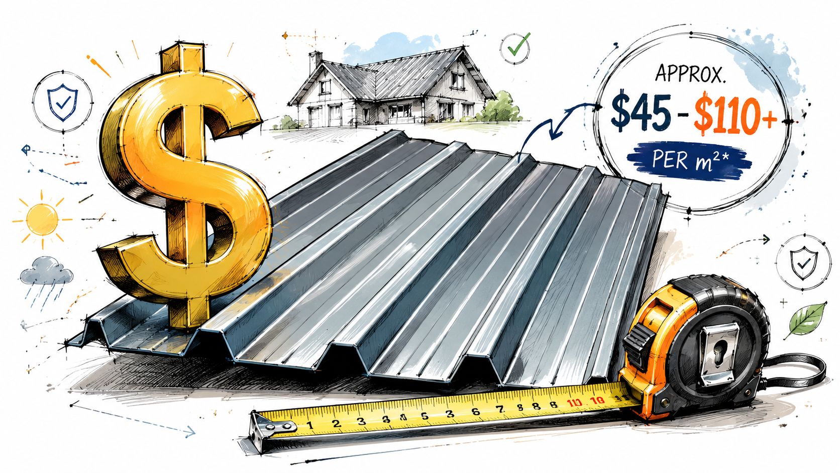 A dollar sign sits on a metal roof sheet with a measuring tape and house illustration overhead.