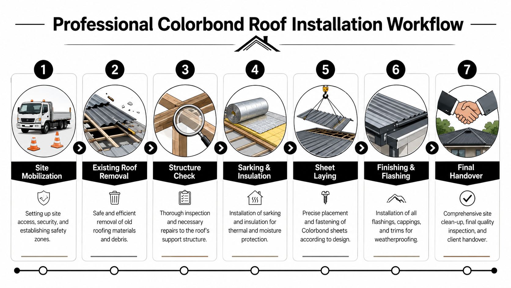 A seven-step professional Colorbond roof installation process workflow from site mobilization to the final handover.