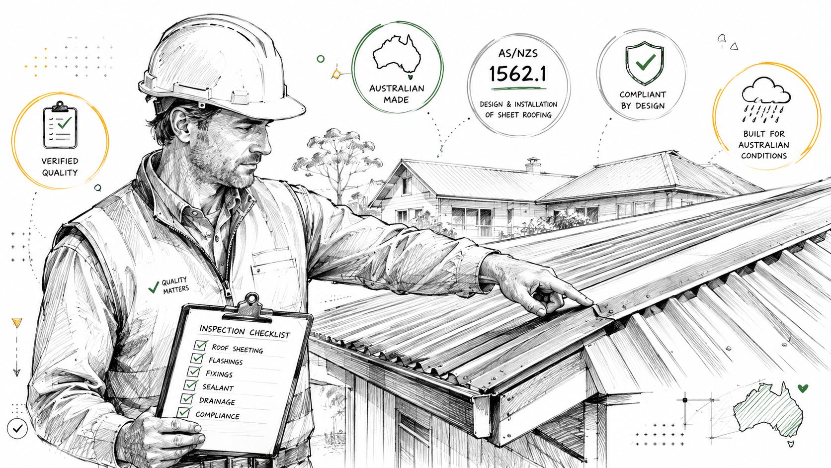 A professional construction worker inspecting a metal roof with a clipboard during an installation project.