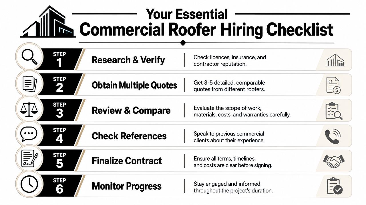 A six-step checklist infographic for hiring a commercial roofer, highlighting research, quotes, and contract management.