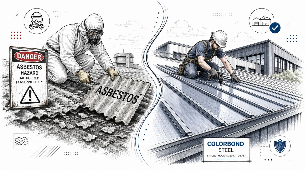 A comparison showing asbestos roof removal on the left and new Colorbond steel roof installation on the right.