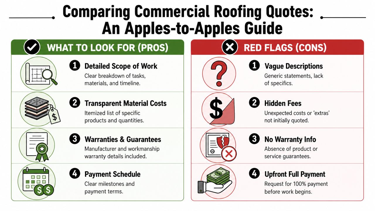 A comparison guide highlighting essential pros and red flags to consider when evaluating commercial roofing quotes.