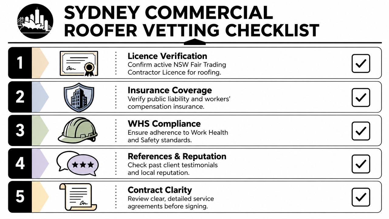 A five-step checklist for vetting commercial roofers in Sydney to ensure professional quality and safety standards.