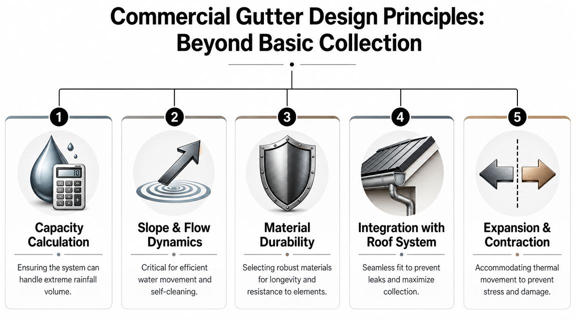An infographic detailing five key commercial gutter design principles for effective building water management and drainage.