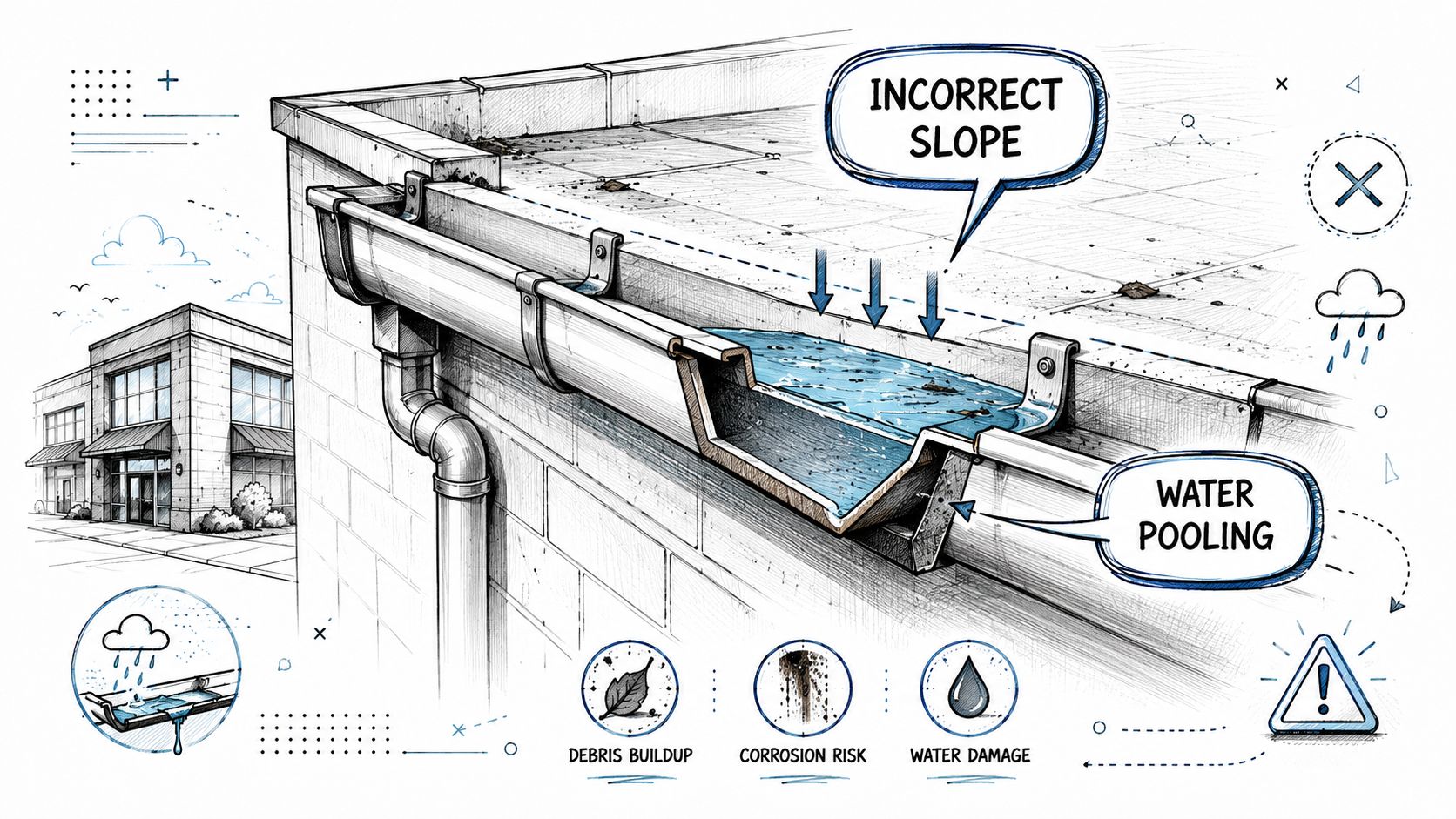 A detailed technical illustration showing incorrect gutter slope causing water pooling, debris buildup, and potential structural damage.