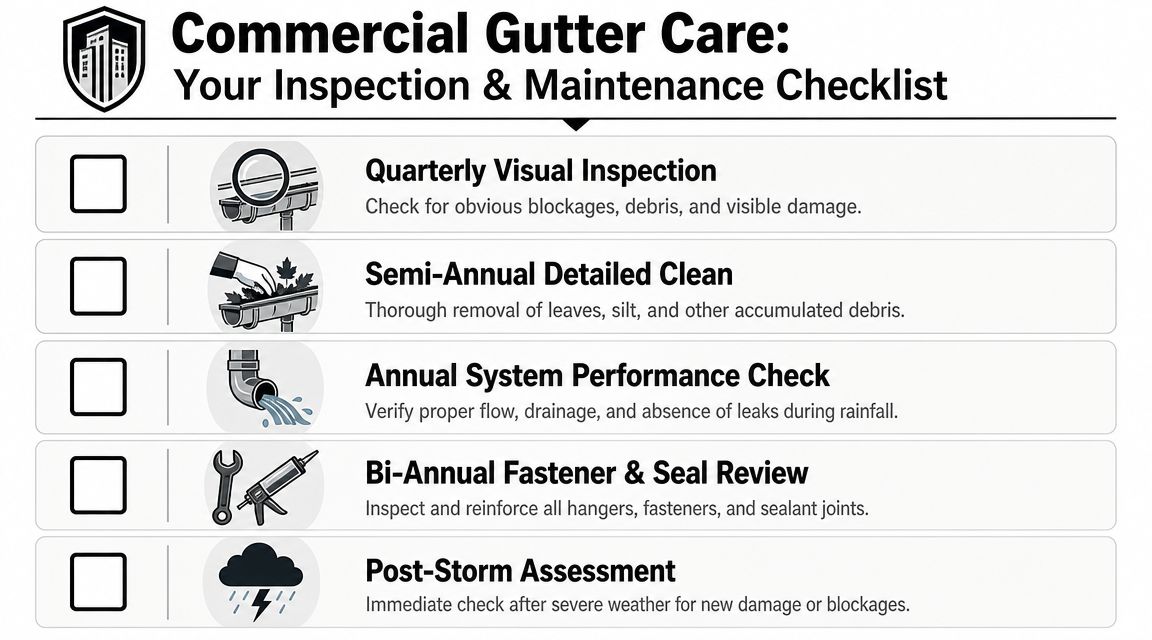 A commercial gutter maintenance checklist graphic highlighting quarterly, semi-annual, and annual inspection and cleaning steps.