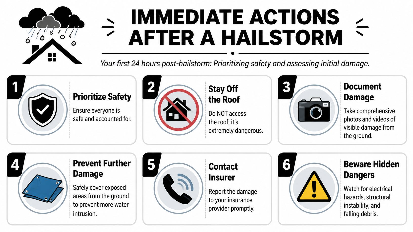 An infographic showing six essential steps to take for home safety after a severe hailstorm damage.