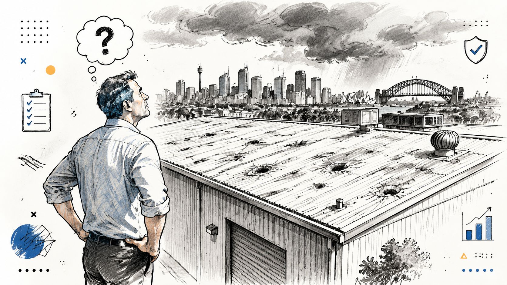 A man observing a warehouse roof with significant hail damage, thinking about repair and inspection needs.