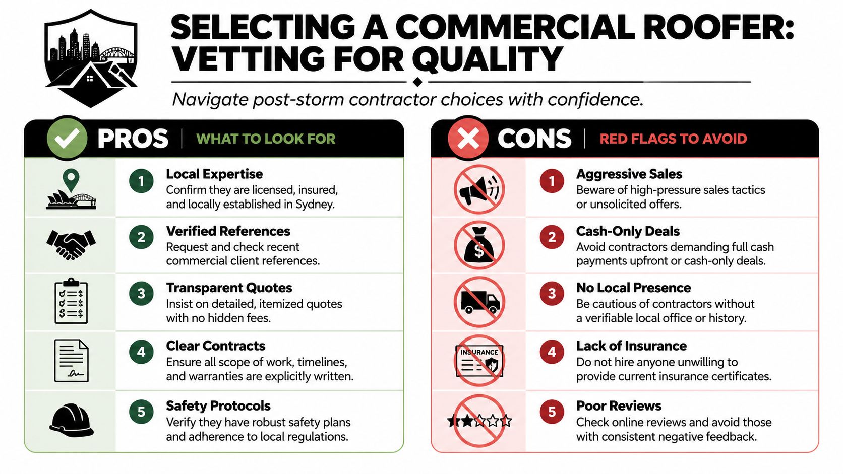 An infographic detailing how to vet commercial roofers by comparing pros and cons after a storm.
