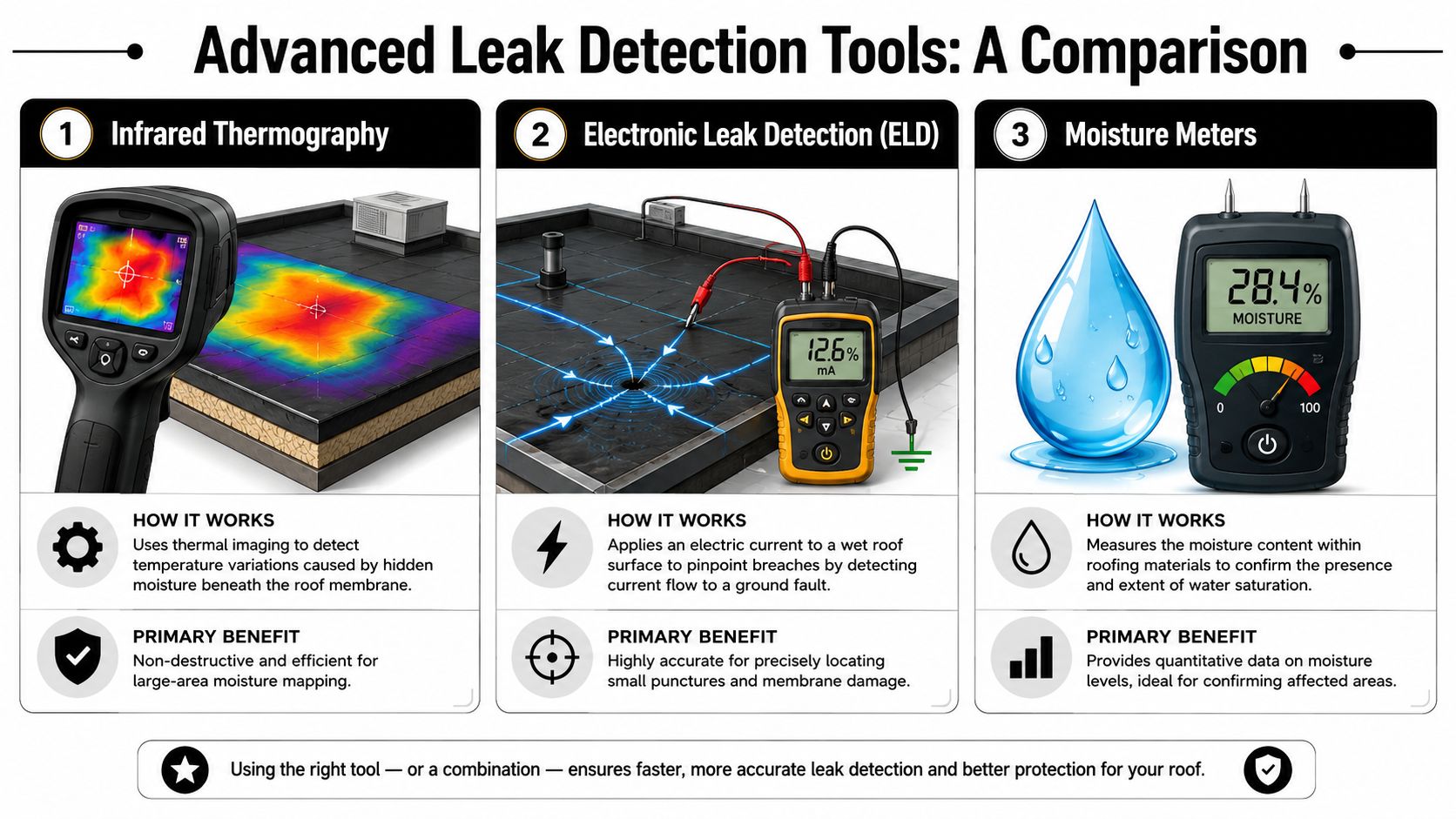 A comparison infographic featuring infrared thermography, electronic leak detection, and moisture meters for roof inspection.
