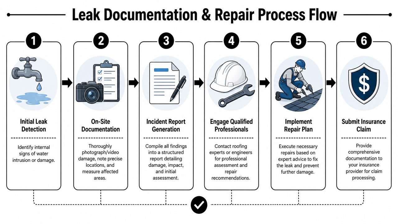 A six-step infographic illustrating the professional leak documentation and repair process flow for property maintenance.