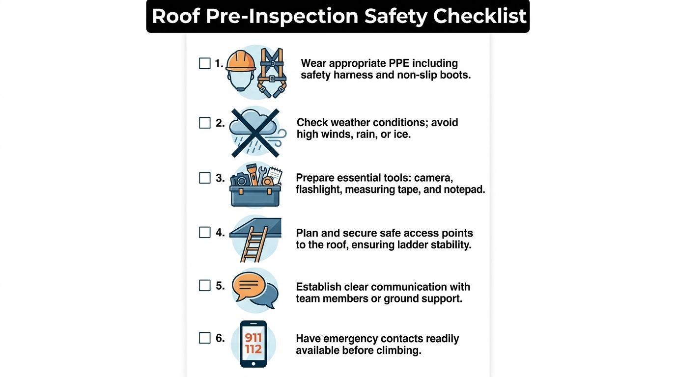 A safety checklist infographic for roof inspectors featuring six essential preparation steps and corresponding icons.