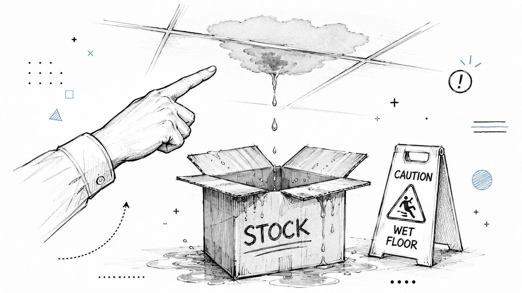 A hand pointing at a leaking ceiling with water dripping onto a damaged cardboard stock box.