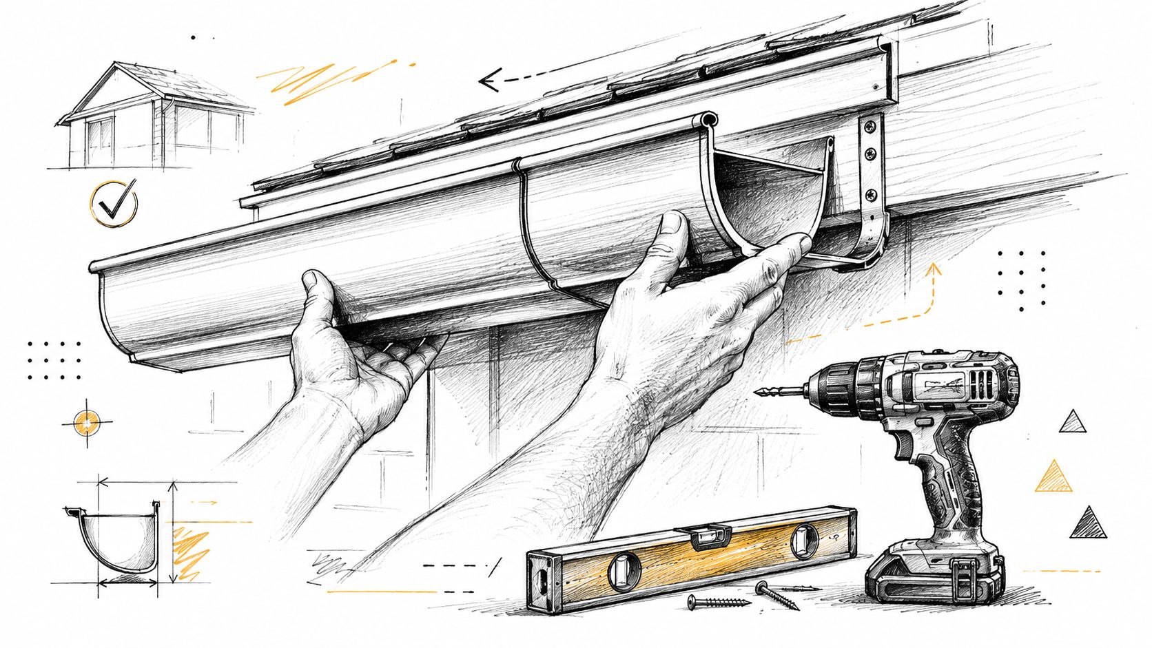 A detailed technical sketch illustrating a person installing a rain gutter on the side of a house.