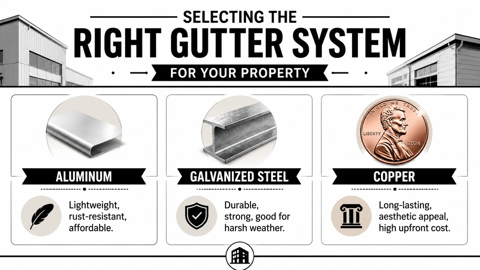 A guide comparing aluminum, galvanized steel, and copper gutter systems to help property owners choose the best option.
