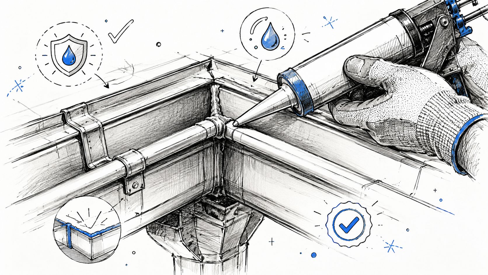 A hand using a caulk gun to seal the corner joint of a metal gutter system.