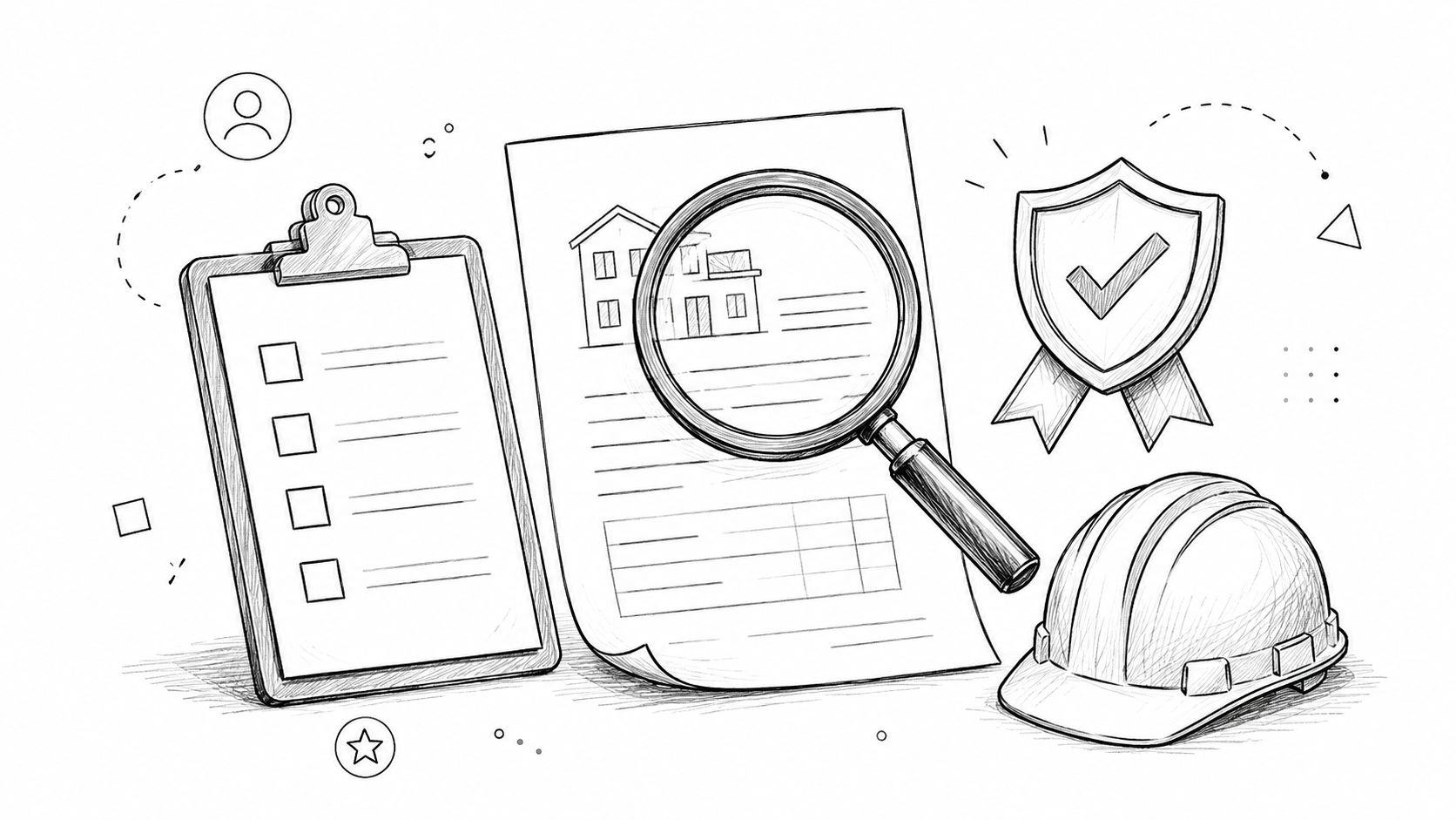 A black and white line drawing depicting construction inspection tools like a checklist, house plans, and hard hat.