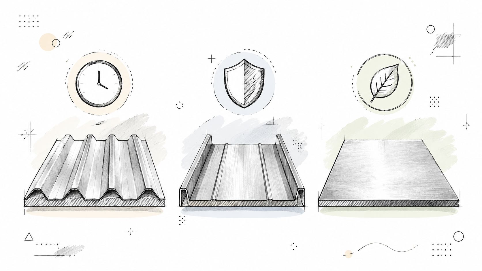A conceptual illustration showing three different metal roofing panel styles accompanied by clock, shield, and leaf icons.
