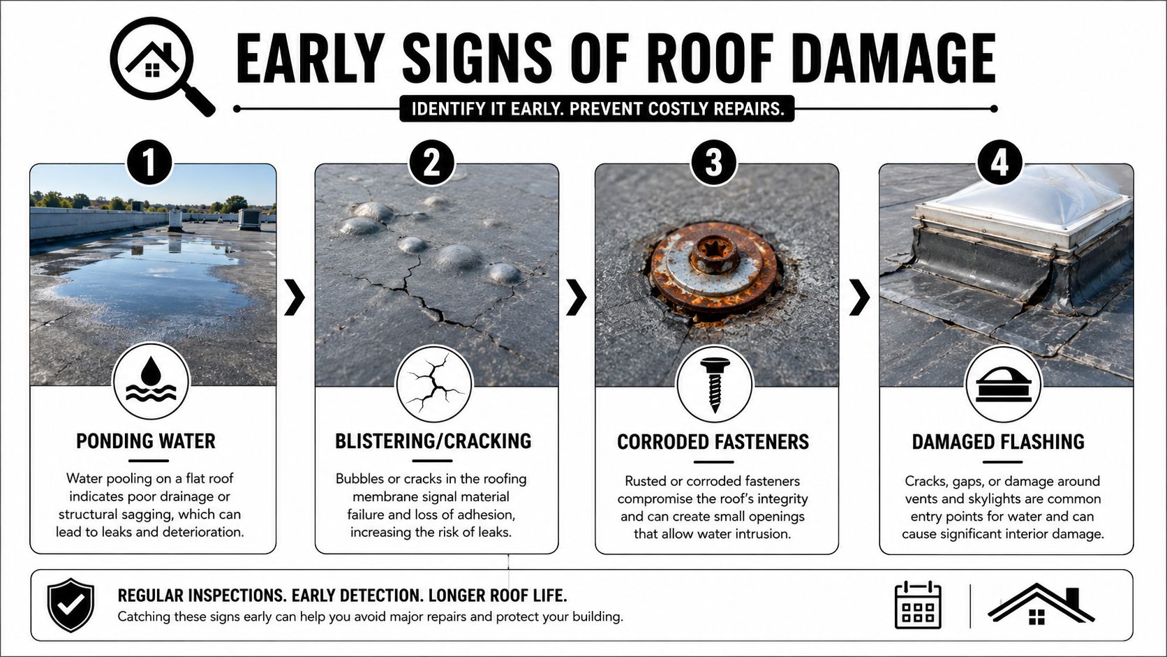 An infographic detailing four early signs of roof damage including ponding water, blistering, corroded fasteners, and damaged flashing.