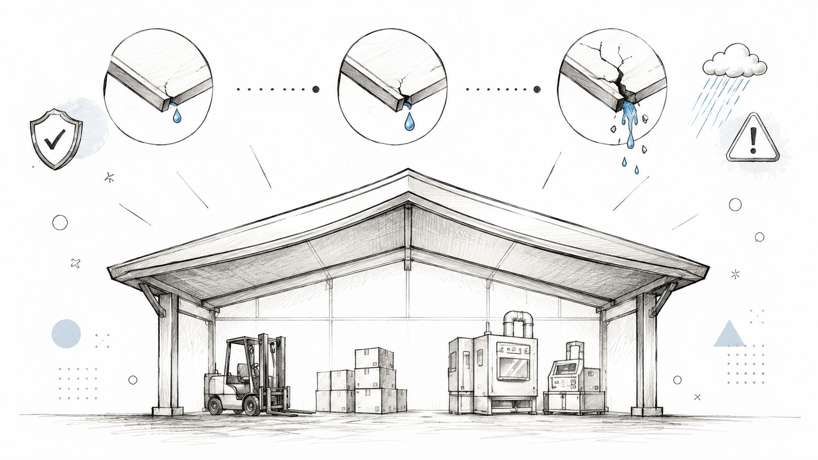 A pencil sketch illustrating the progression of industrial roof damage and water leakage over warehouse machinery.