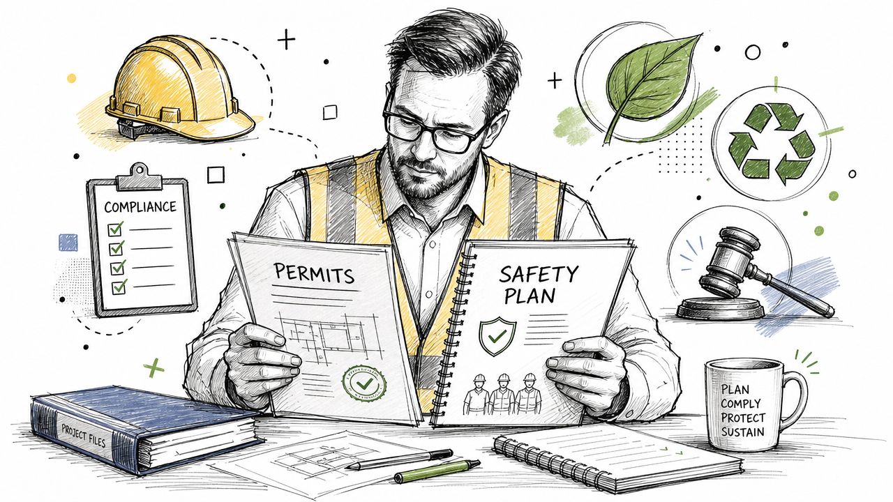 A professional construction engineer reviewing project permits and safety plans at a desk with work tools.