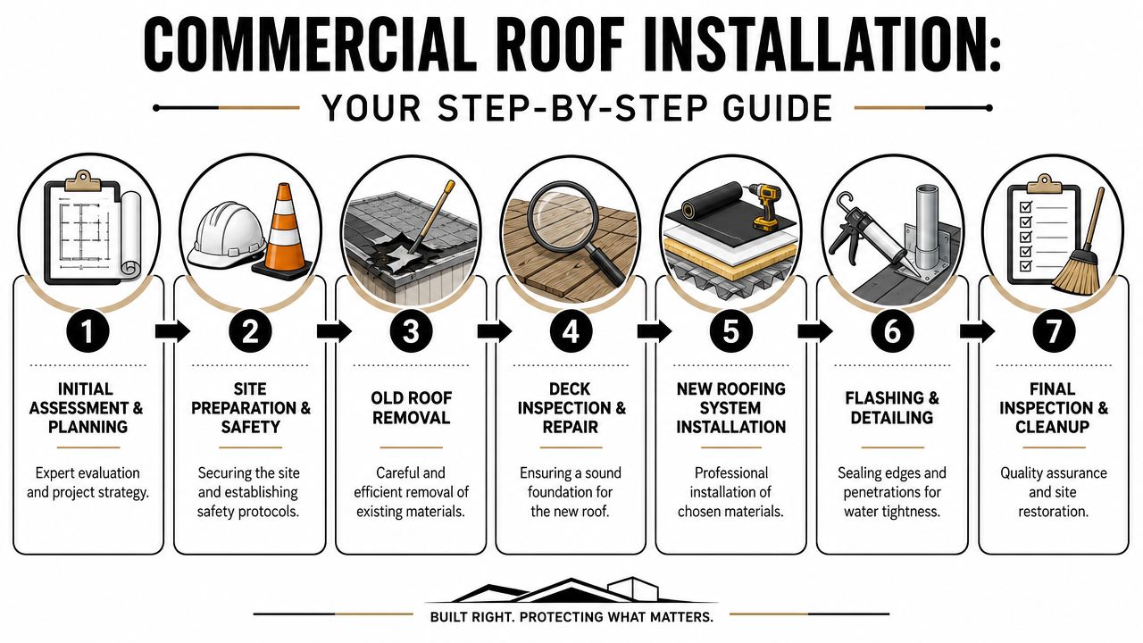 A step-by-step infographic illustrating the seven stages of a commercial roof installation project from planning to cleanup.