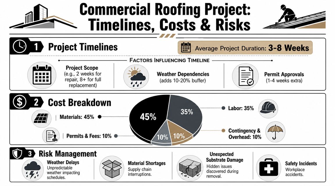 An infographic detailing timelines, costs, and risks associated with commercial roofing projects for building owners.