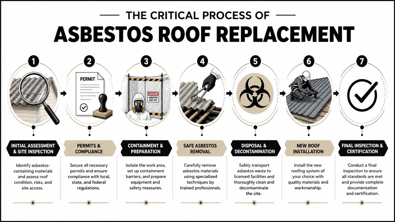 A step-by-step infographic illustrating the critical process of safely replacing an asbestos roof on a building.
