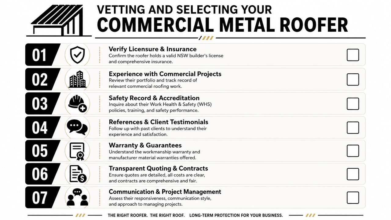 A checklist for selecting a qualified commercial metal roofer, outlining seven essential steps for property owners.