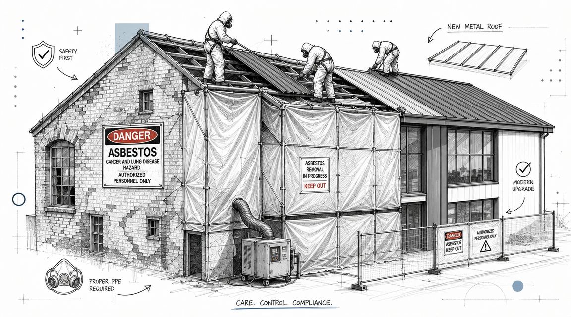 A professional construction sketch depicting workers in protective gear removing asbestos from a building roof for renovation.