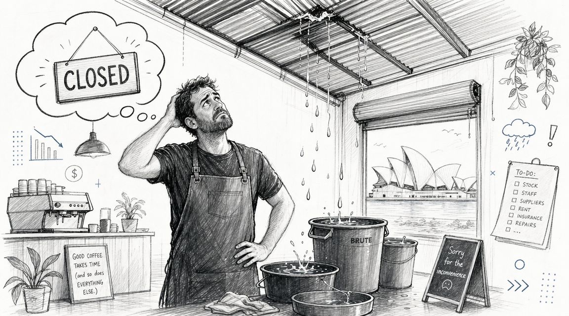 A distressed cafe owner stands in a coffee shop with water leaking from the metal roof.