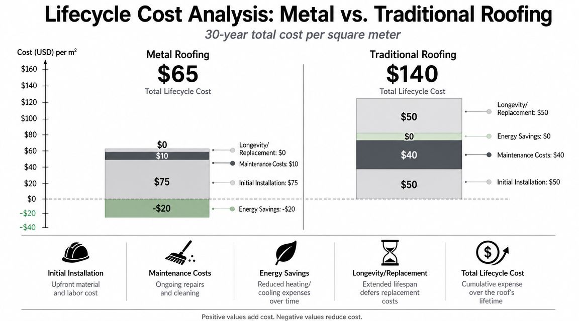 A bar chart comparing the 30-year lifecycle cost of metal versus traditional roofing installations per square meter.