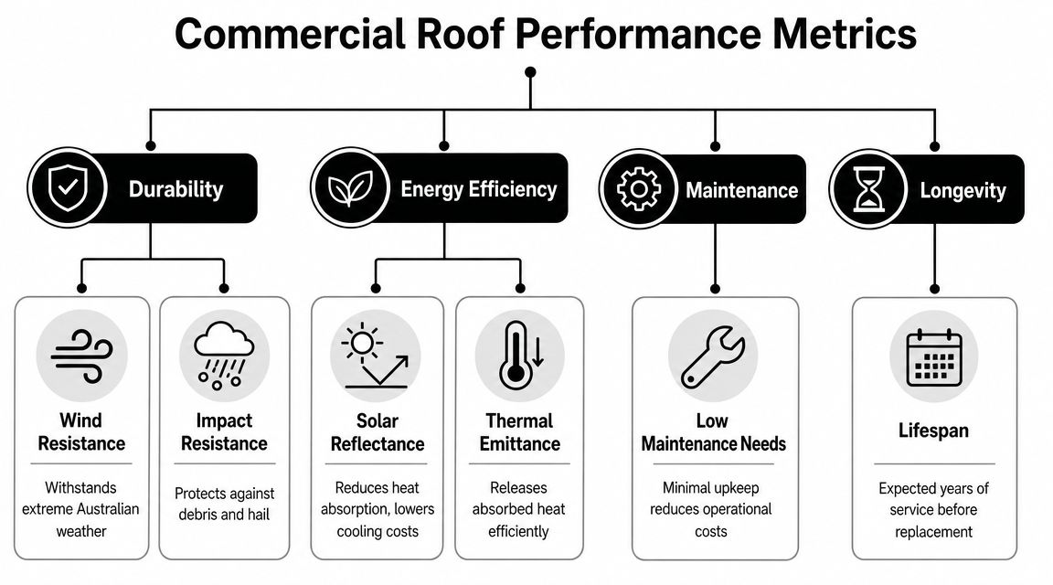 A diagram outlining key commercial roof performance metrics including durability, energy efficiency, maintenance, and overall roof longevity.