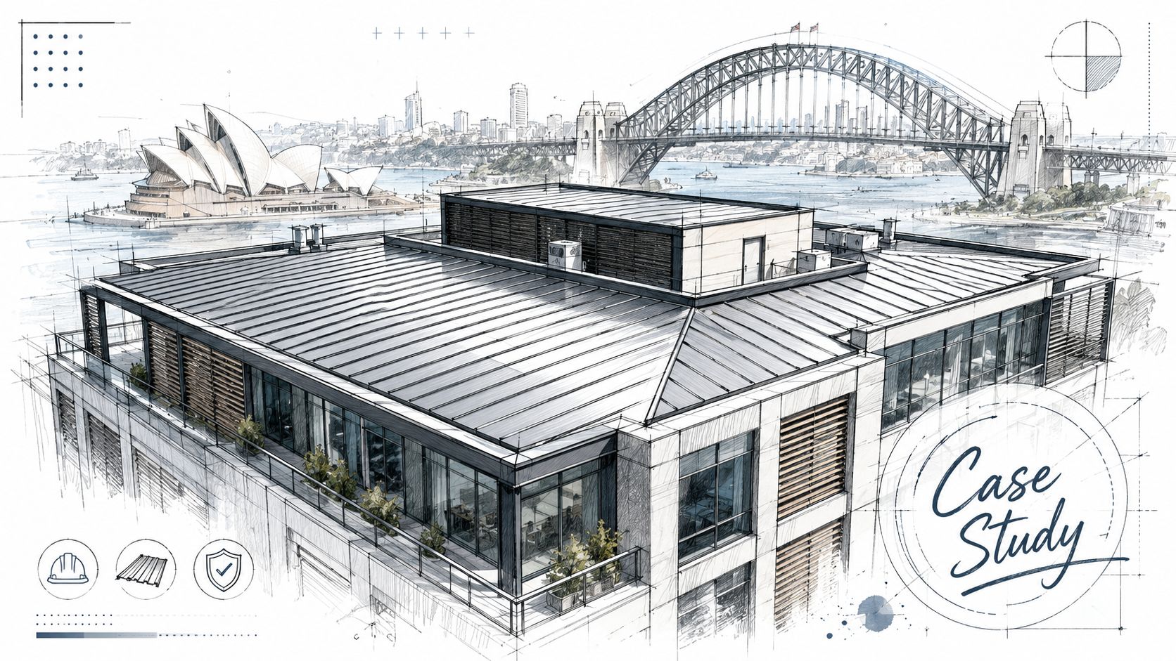 A detailed architectural sketch of a modern building featuring metal roofing, set against a Sydney cityscape backdrop.