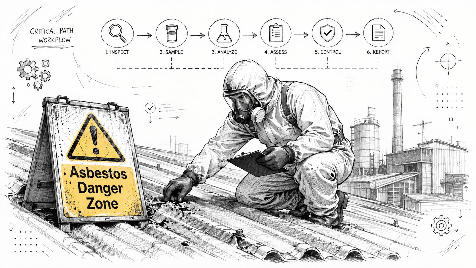 A professional in protective gear inspects a metal roof marked with an asbestos danger zone sign.