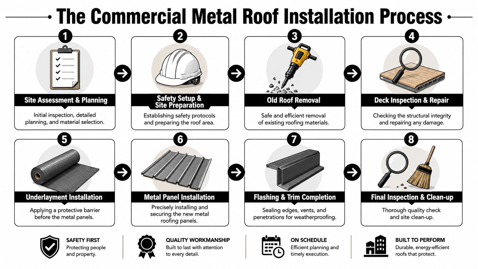 A professional infographic illustrating the eight steps of the commercial metal roof installation process for construction.