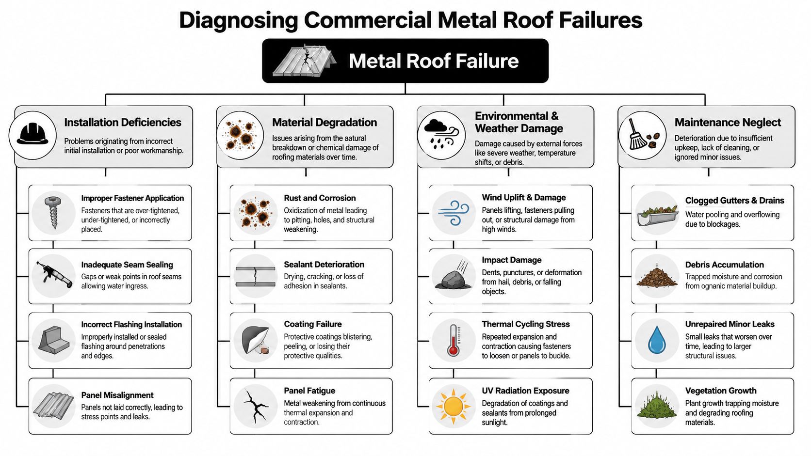 An infographic titled Diagnosing Commercial Metal Roof Failures detailing installation, material, environmental, and maintenance causes for damage.