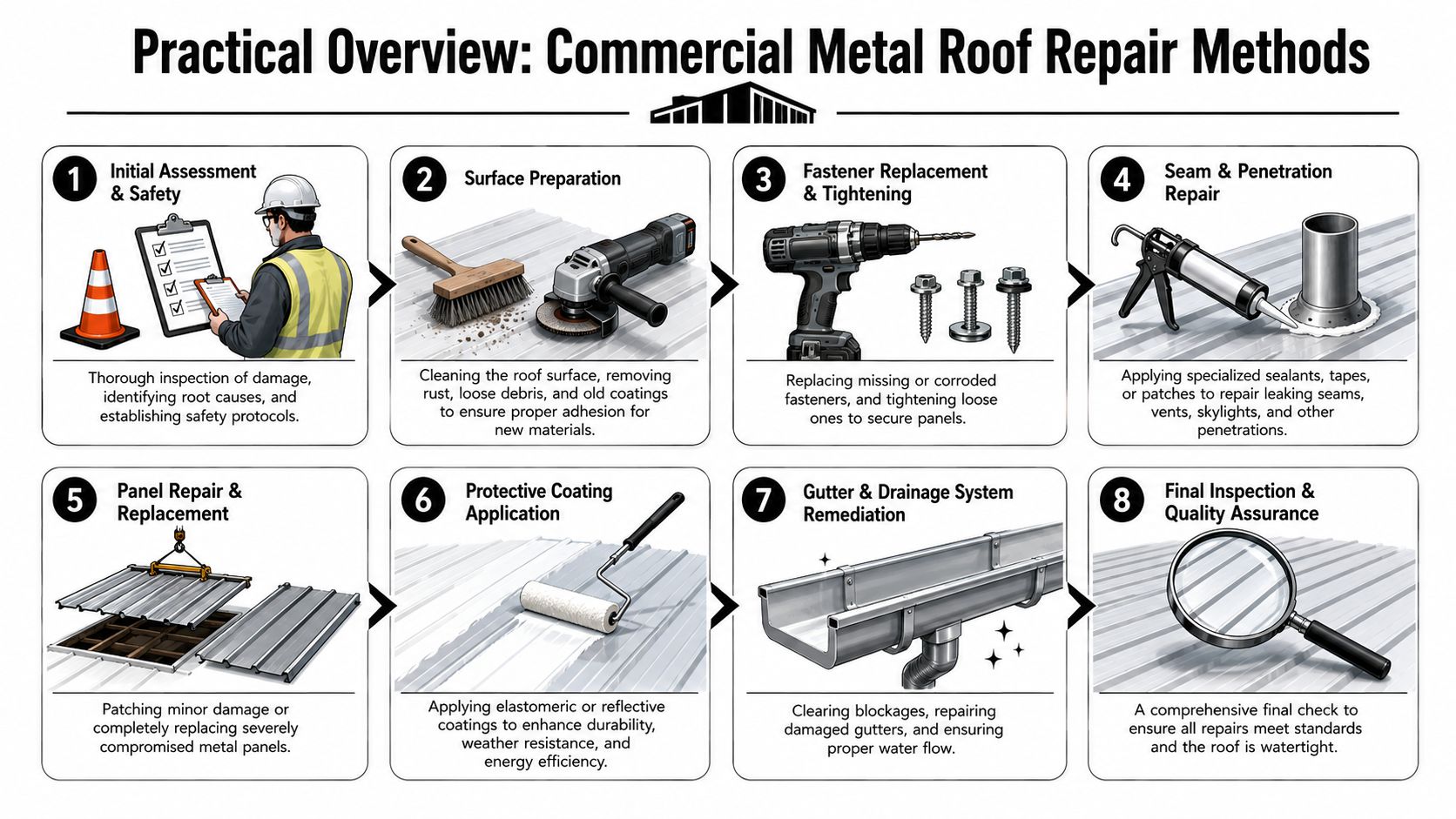 An infographic showing eight steps for commercial metal roof repair, from initial assessment to final quality inspection.