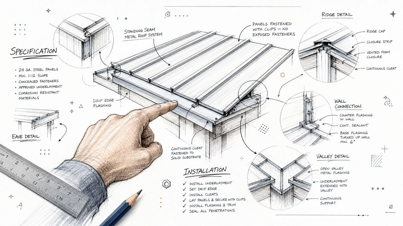 A detailed technical drawing illustrating the installation steps and construction details for a standing seam metal roofing system.