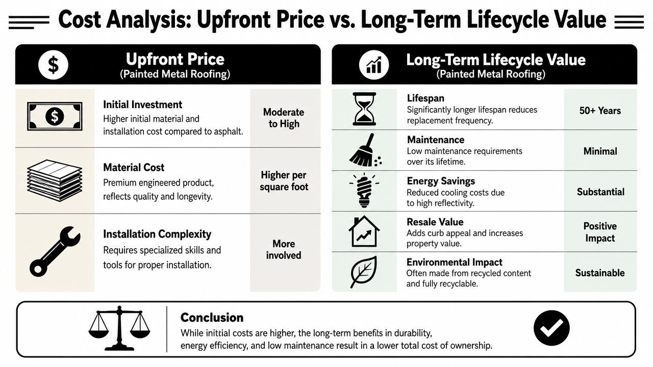 A comparison chart showing that painted metal roofing has higher upfront costs but better long-term value.
